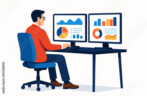 Illustration of a data analyst working with financial charts on two computer screens, analyzing market trends and business statistics from the office.
