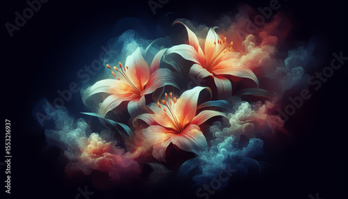 Blooming lilies in a foggy, smoky, misty atmosphere [ Vapor of a blooming steam garden, black background