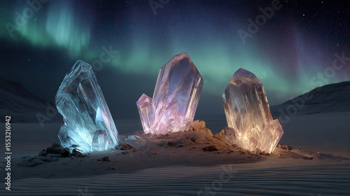 Glowing alien crystals emerge from desert sandstone under a cosmic aurora, creating an otherworldly landscape.