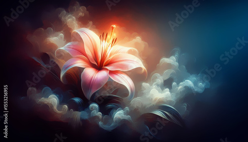 Blooming lilies in a foggy, smoky, misty atmosphere [ Vapor of a blooming steam garden, black background