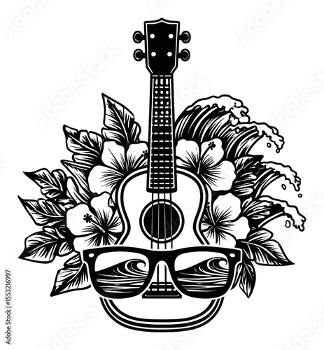 Stylish Ukulele with Sunglasses and Tropical Flowers Engraving Design
