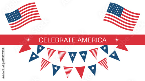 celebrate america patriotic banner with waving usa flags and festive red white blue bunting for independence or memorial day events