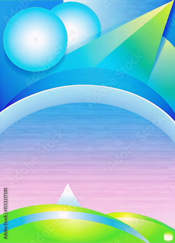 A radiant orb rises through layers of blue and violet, embraced by green waves, evoking a cosmic garden of light and serenity.