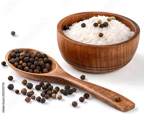 Wooden spoon filled with black peppercorns next to a bowl of coarse sea salt on a white background,png