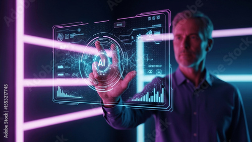 A man interacts with a glowing 