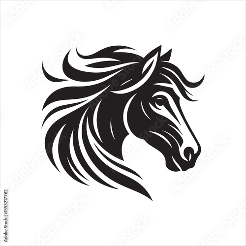A stylized black and white illustration of a horse's head, showing details.