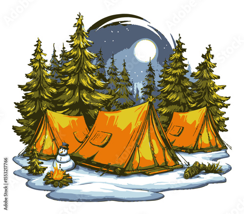 Cozy Winter Adventure with Tents, Snowman, and Pine Trees Under Moonlight