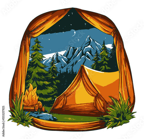 Scenic Mountain Camping Adventure with Tent and Campfire Under Stars