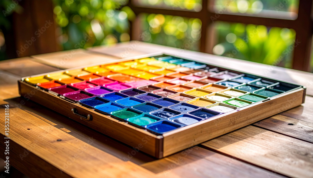 Fototapeta premium Palette of Colors: A painter's palette displaying a spectrum of vibrant hues sits on a wooden table, evoking a sense of artistic creativity and design.