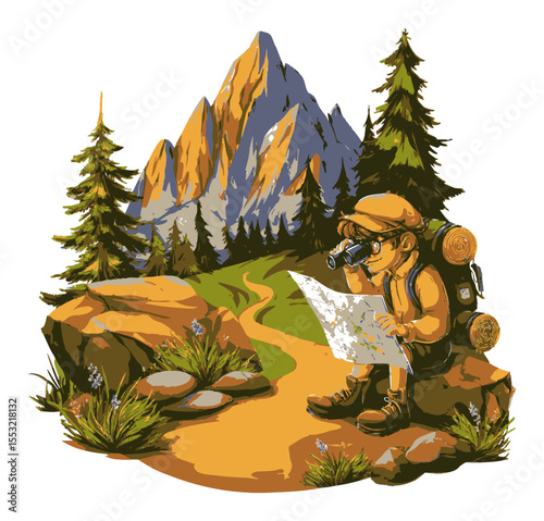 Young Explorer with Map and Telescope in Scenic Mountain Landscape