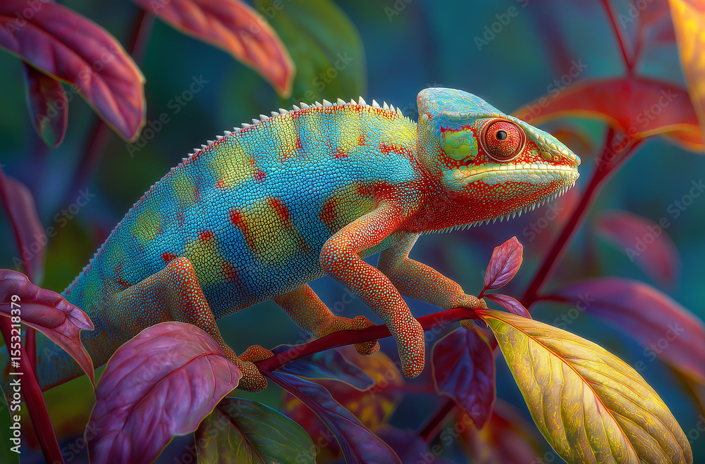 Obraz premium A colorful chameleon, hanging from the branch of an exotic plan
