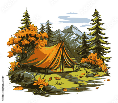 Autumn Camping Adventure in Nature with Colorful Trees and Mountains