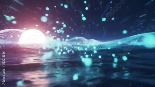 Futuristic digital sea waves with glowing particles and sun