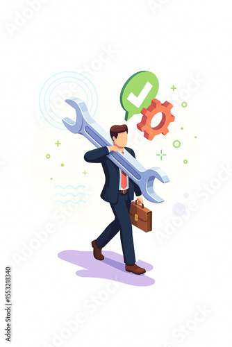 A businessman carrying a wrench symbolizes technical support, maintenance, and service with a briefcase, gear, and a checkmark illustration.