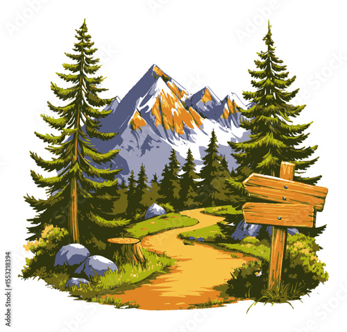 Scenic Adventure Pathway Through Lush Forest and Majestic Mountains
