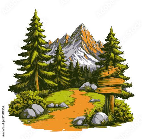 Scenic Adventure Landscape with Mountains, Forests, and Directional Signpost
