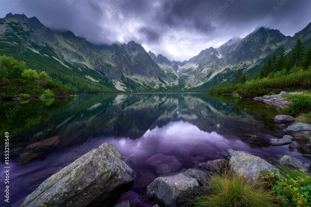 Fototapeta premium Serene mountain lake reflecting dramatic peaks under cloudy sky at twilight