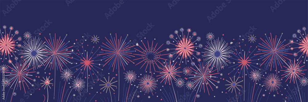 Fototapeta premium Colorful fireworks bursting in a dark blue night sky, creating vibrant starburst patterns for festive events and holiday celebrations