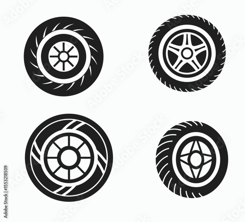 black tyre symbol icon set, car tire vector, tread wheel illustration, silhouette icon, tire graphic emblem