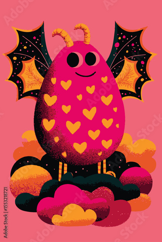 Playful Cartoon Monster with Wings and Hearts on Pink Background