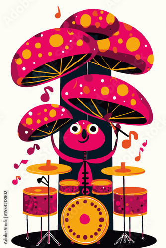 Whimsical Cartoon Character Playing Drums Under Colorful Mushroom Canopy