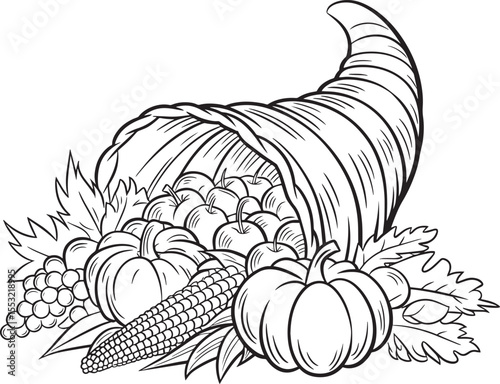 Autumn Harvest Cornucopia of Apples, Pumpkins, Grapes, and Corn in Vintage Black and White Line Art Style.