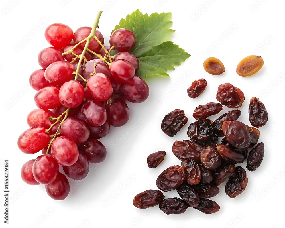 Obraz premium Fresh red grapes and dried raisins with green leaves on white background