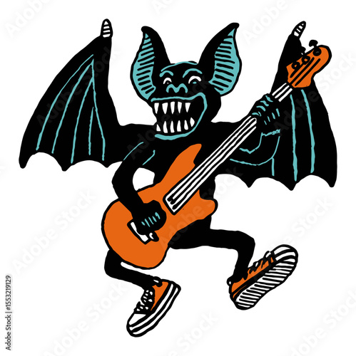 Playful Cartoon Bat Playing Electric Guitar in Vibrant Style