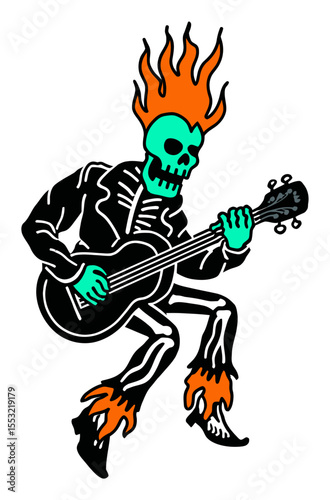 Vibrant Skeleton Rocking Out with Guitar in Bold Graphic Style