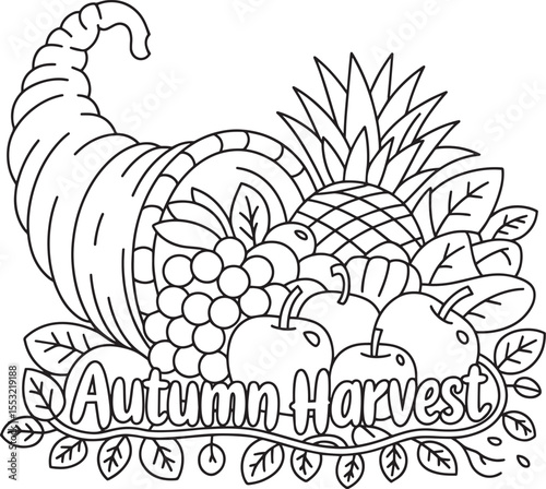 Autumn Harvest Cornucopia of Apples, Pumpkins, Grapes, and Corn in Vintage Black and White Line Art Style.