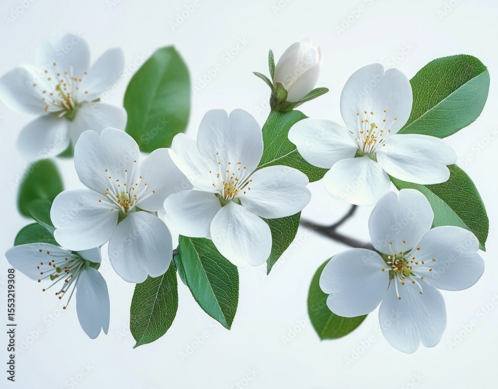 Obraz premium Branch with delicate white flowers and fresh green leaves on a light background evoking purity and calm