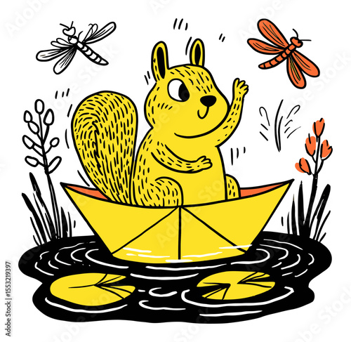 Playful Squirrel in a Yellow Boat Surrounded by Nature and Insects