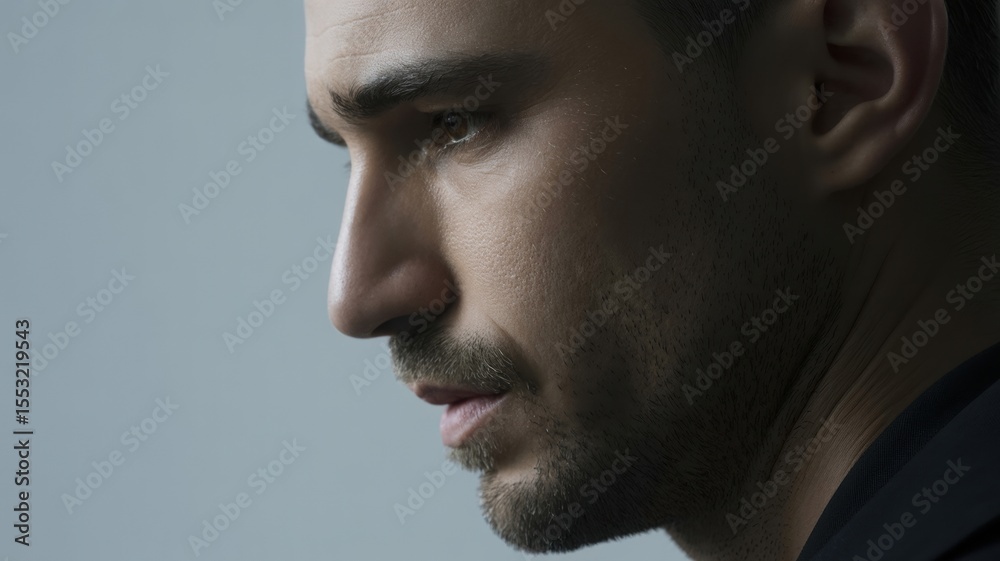 Naklejka premium Profile of young caucasian male with beard against neutral background
