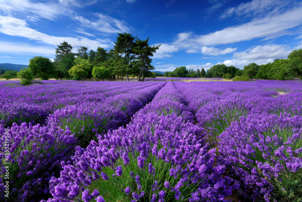 Fototapeta premium Lavender field under a blue sky with fluffy clouds in summer