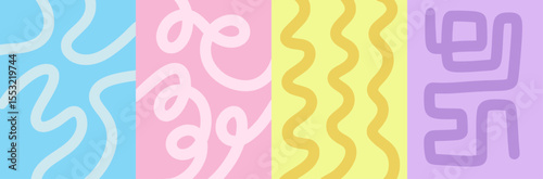 Set of vertical background with wavy line in flat style. Banner with organic curvy curly stripe. Wave line art in flat style. Pastel colors