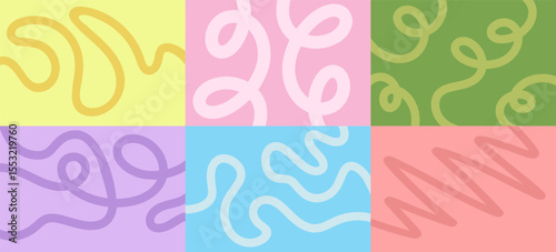 Set of horizontal background with wavy line in flat style. Banner with organic curvy curly stripe. Wave line art in flat style. Pastel colors