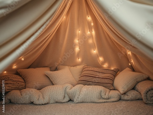 Cozy indoor tent with fairy lights and pillows creating a comfortable and inviting atmosphere
