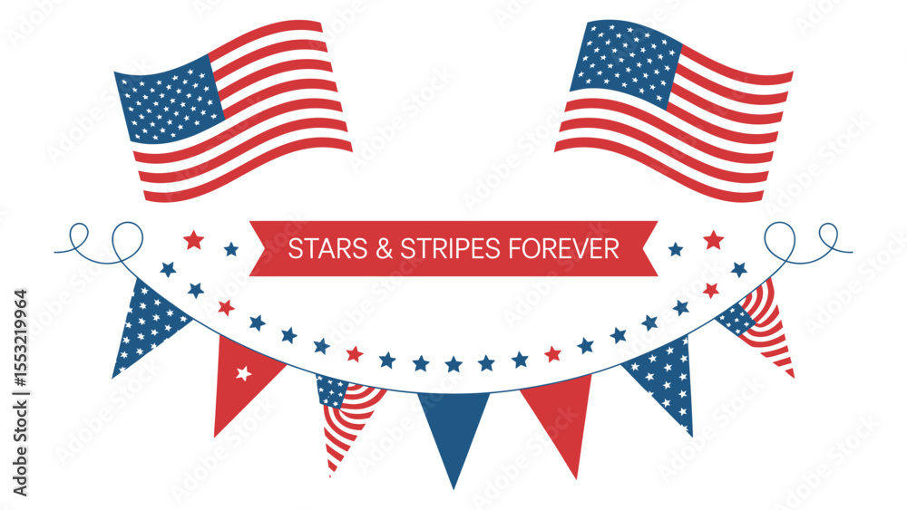 Fototapeta premium patriotic american flag banner with stars and stripes forever text and decorative pennants for 4th of july independence day celebration