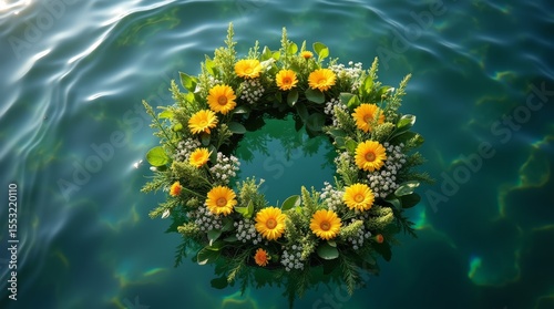 Floral wreath with yellow flowers floating on water, summer nature concept, peaceful seasonal composition
