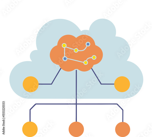 Blue sky illustration of cloud computing technology with social network communication and data bubble icons