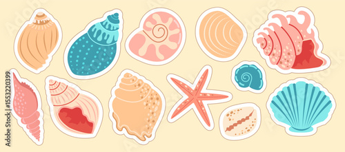 Set of sea shells, clams, starfish. Trendy flat illustration of collection of seashells isolated for stickers.