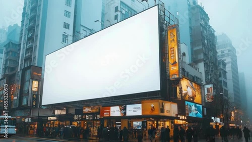 A blank commercial advertising billboard sign at night in a bustling urban city