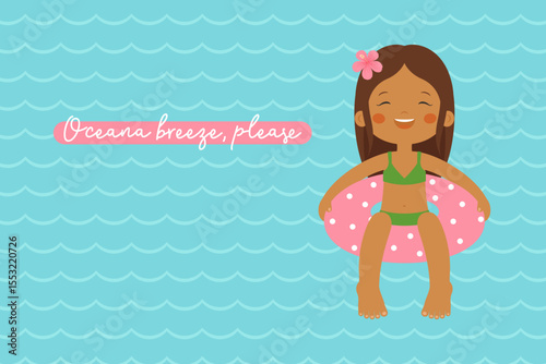 Oceana breeze please quote with girl in pink floaty, summer vector illustration with turquoise ocean waves