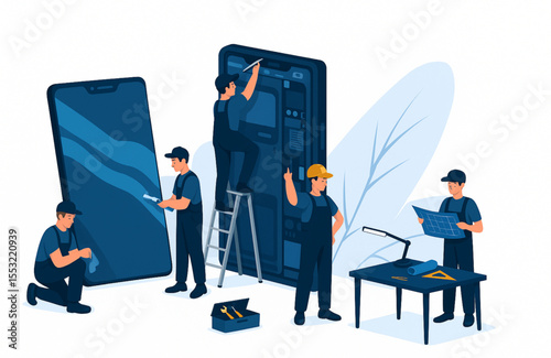 Illustration of mobile engineers maintaining or constructing smartphones, showcasing technology and teamwork in blue and white.