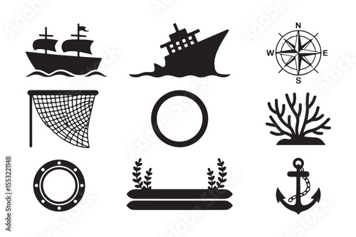 Nautical Icons Ships, Anchors, and Underwater Life Vector Graphics
