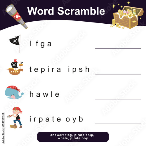 Word Scramble worksheet. Educational activity for children. Learning English. Worksheet for kid.