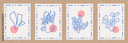 Abstract modern posters with outline coral. Contemporary print, nature themed, irregular chaotic shapes. Retro wall decor paintings with floral, seaweed, coastal. Vector illustration card collection.