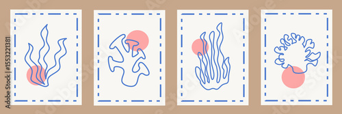 Abstract modern posters with outline coral. Contemporary print, nature themed, irregular chaotic shapes. Retro wall decor paintings with floral, seaweed, coastal. Vector illustration card collection.