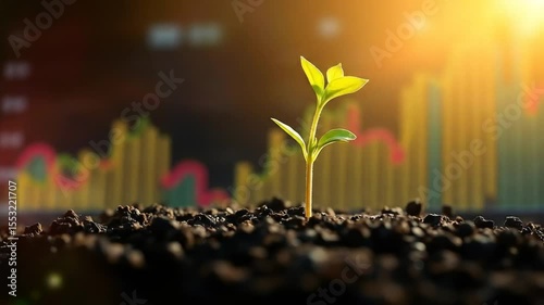 Young green plants grow from fertile soil under sunlight. Symbol of life growth, development, renewal, potential. Graphics in the background. 4k video