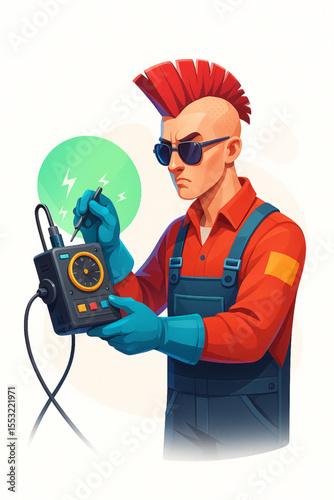 Punk technician in overalls is inspecting electrical equipment with a mohawk, gloves and sunglasses, emphasizing craftsmanship and innovation.